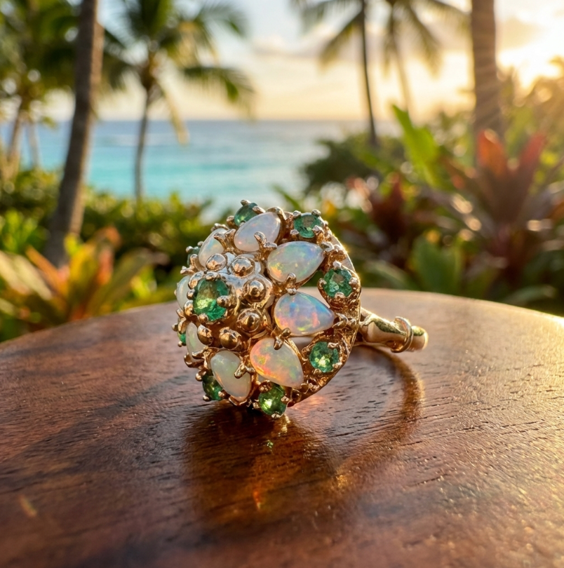 Vintage 14K Gold Australian Opal & Emerald Dome Ring