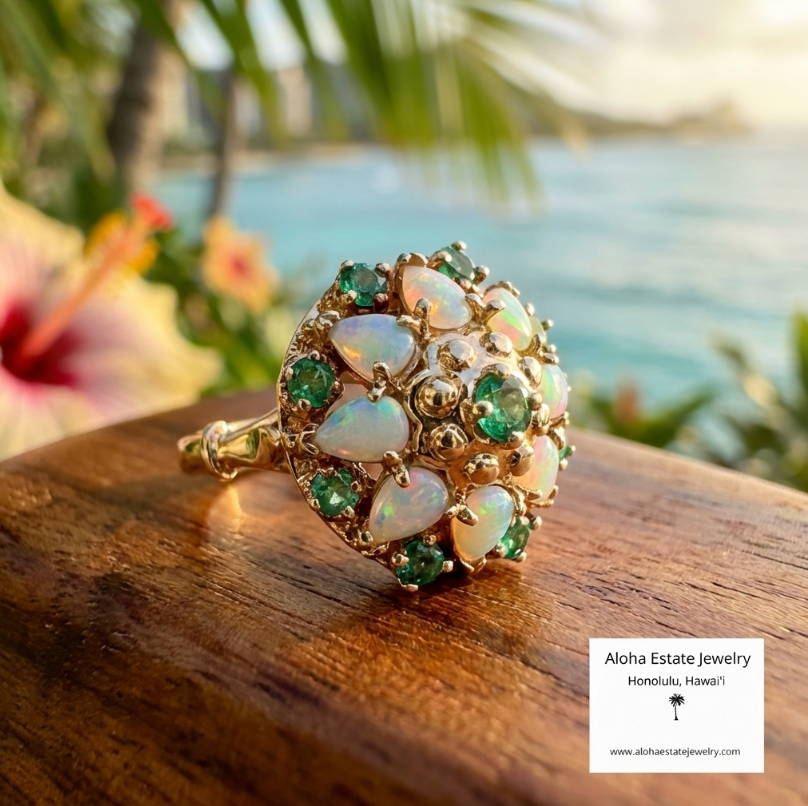 Vintage 14K Gold Australian Opal & Emerald Dome Ring