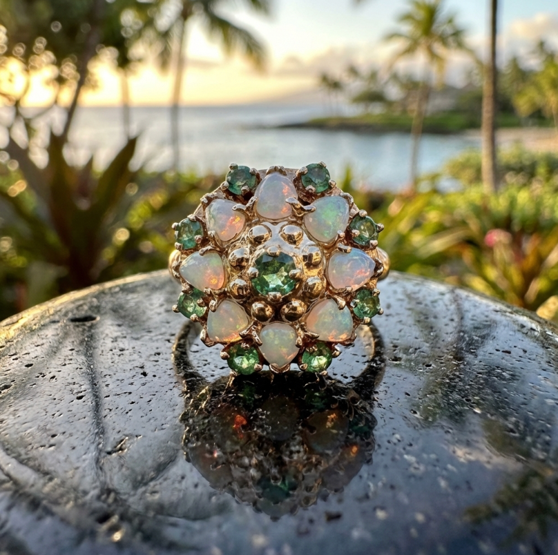 Vintage 14K Gold Australian Opal & Emerald Dome Ring