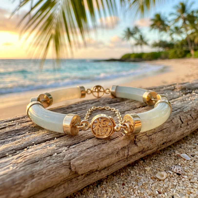 Pale Green Jade 14k Yellow Gold Link Bracelet