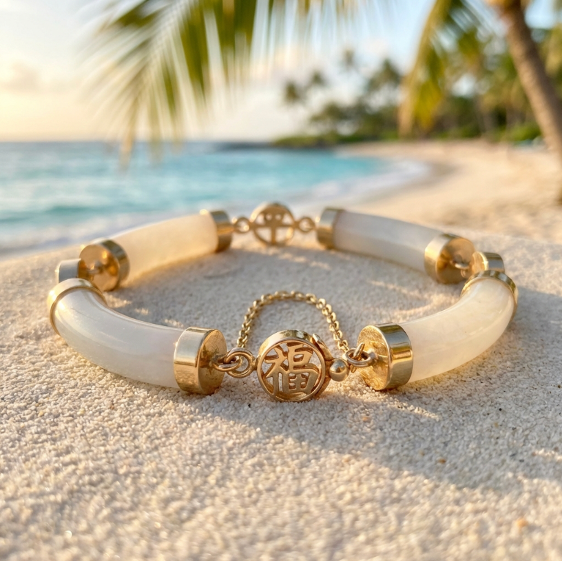 Pale Green Jade 14k Yellow Gold Link Bracelet