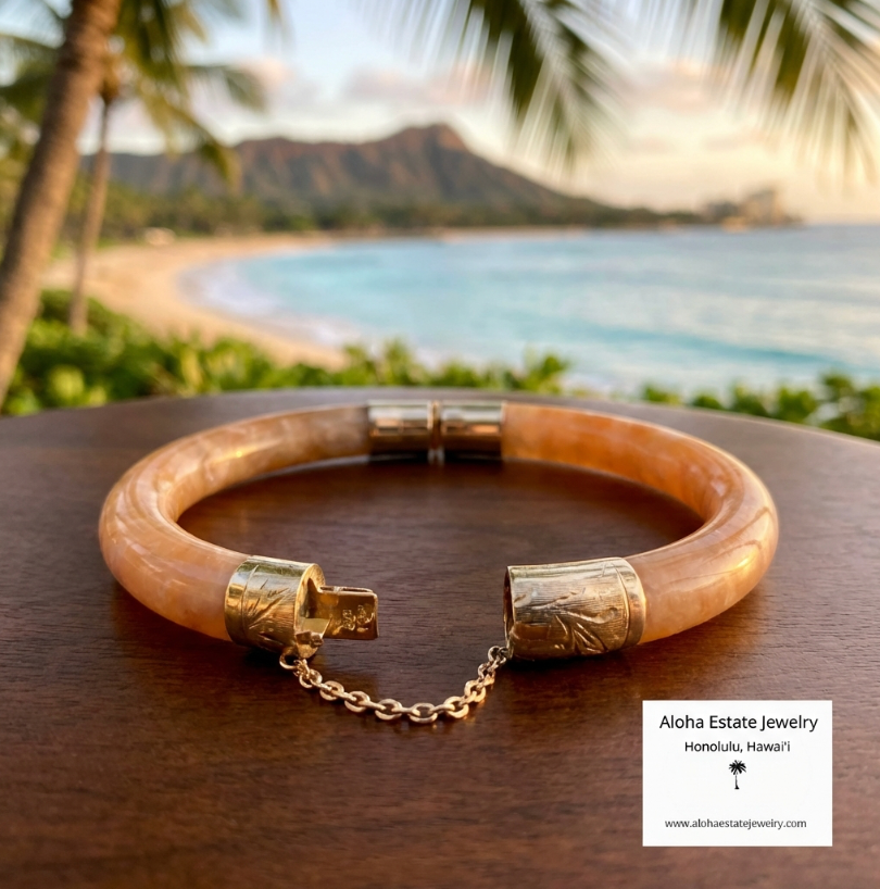 Vintage 14K Honey Brown Jadeite Hinged Bangle Bracelet