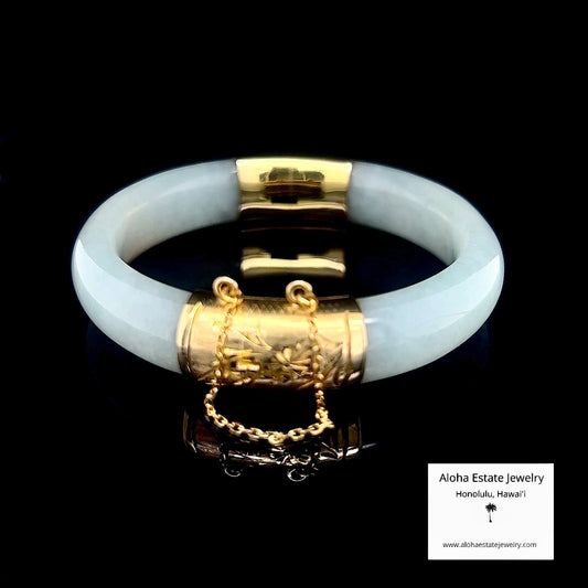 Vintage 14K Gold Hinged Celadon Green Jadeite Bangle
