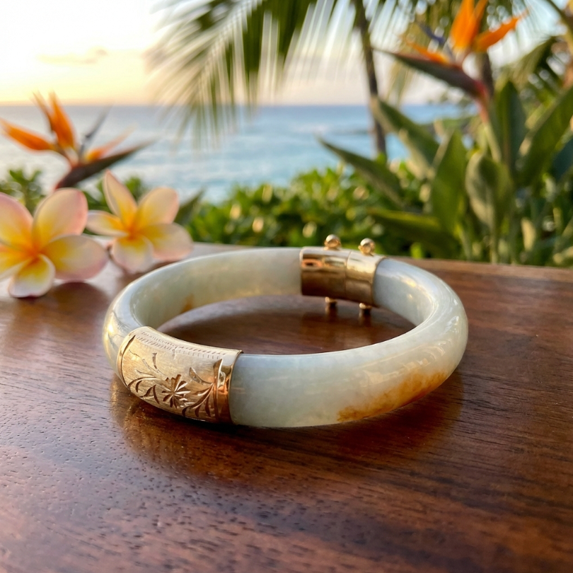 Vintage 14K Gold Hinged Celadon Green Jadeite Bangle