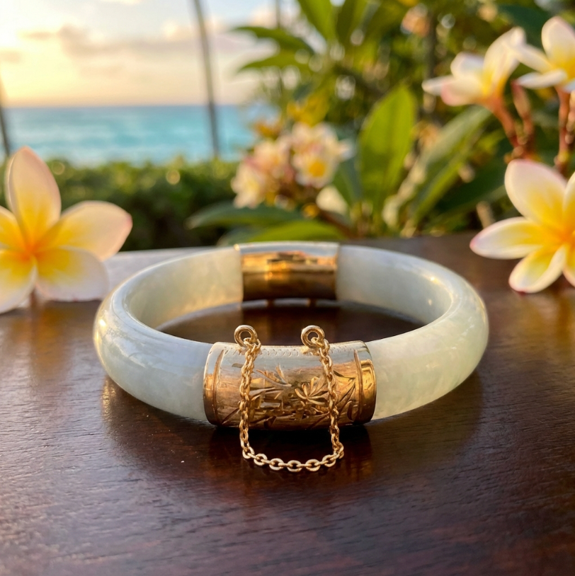 Vintage 14K Gold Hinged Celadon Green Jadeite Bangle