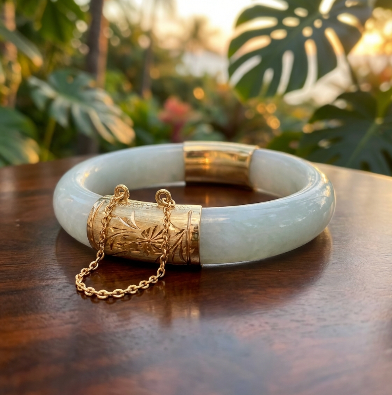 Vintage 14K Gold Hinged Celadon Green Jadeite Bangle