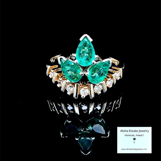 Vintage Trefoil Form Emerald & Diamond Ring in 14K