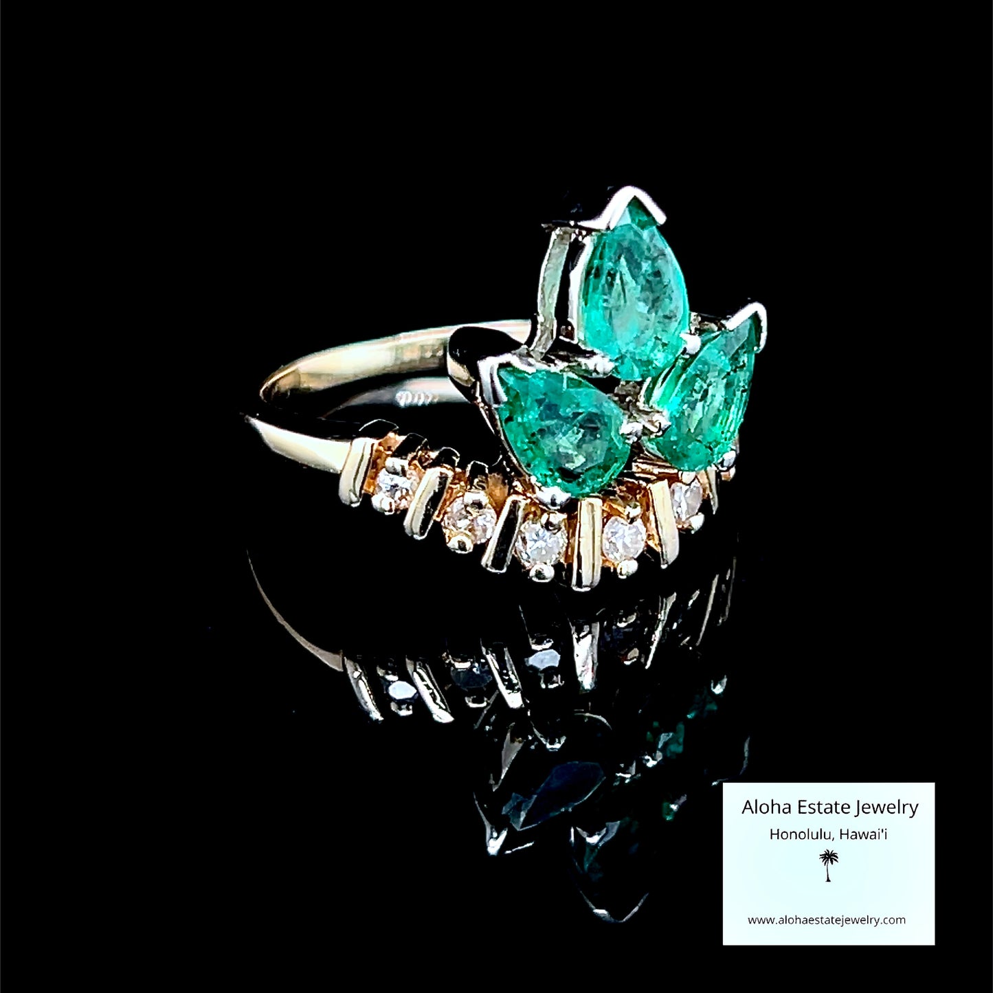 Vintage Trefoil Form Emerald & Diamond Ring in 14K