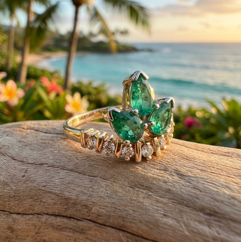 Vintage Trefoil Form Emerald & Diamond Ring in 14K