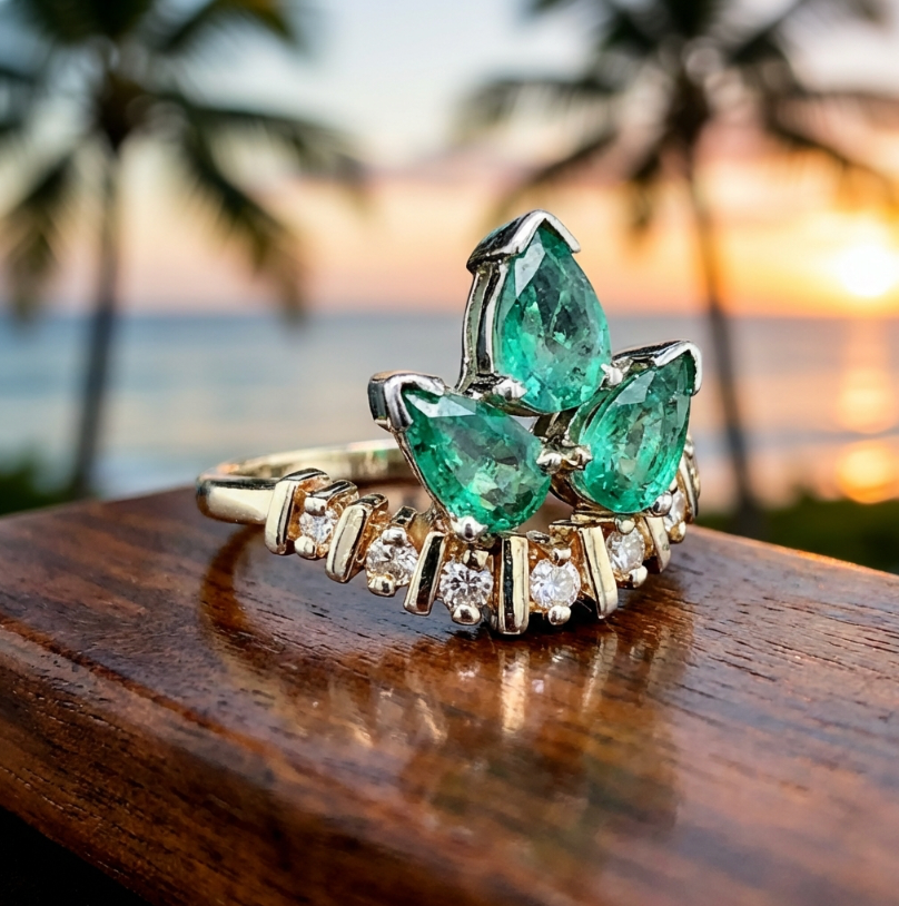 Vintage Trefoil Form Emerald & Diamond Ring in 14K