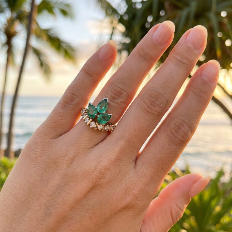 Vintage Trefoil Form Emerald & Diamond Ring in 14K