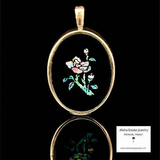 Vintage 14K Gold Abalone Inlaid Onyx Rose Floral Pendant