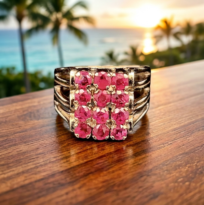 Vintage 1.5-Carats Ruby Cluster Ring in 14k Yellow Gold