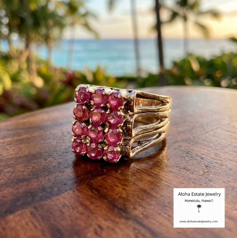 Vintage 1.5-Carats Ruby Cluster Ring in 14k Yellow Gold