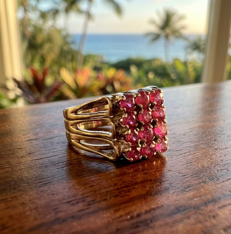 Vintage 1.5-Carats Ruby Cluster Ring in 14k Yellow Gold