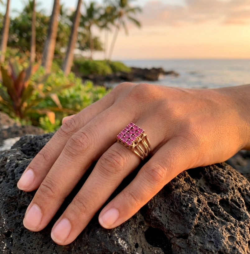 Vintage 1.5-Carats Ruby Cluster Ring in 14k Yellow Gold