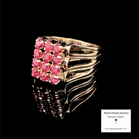 Vintage 1.5-Carats Ruby Cluster Ring in 14k Yellow Gold