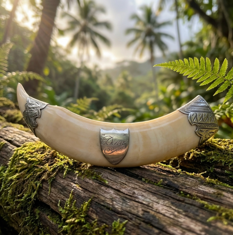 Antique Victorian Hawaiian Boar Tusk Brooch Sterling Silver "Dina"