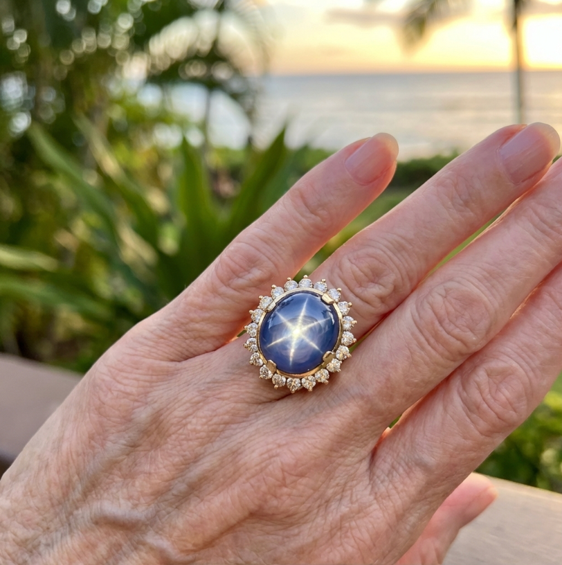 Exceptional 26-Carats Star Sapphire & 2-Carats Diamonds Ring