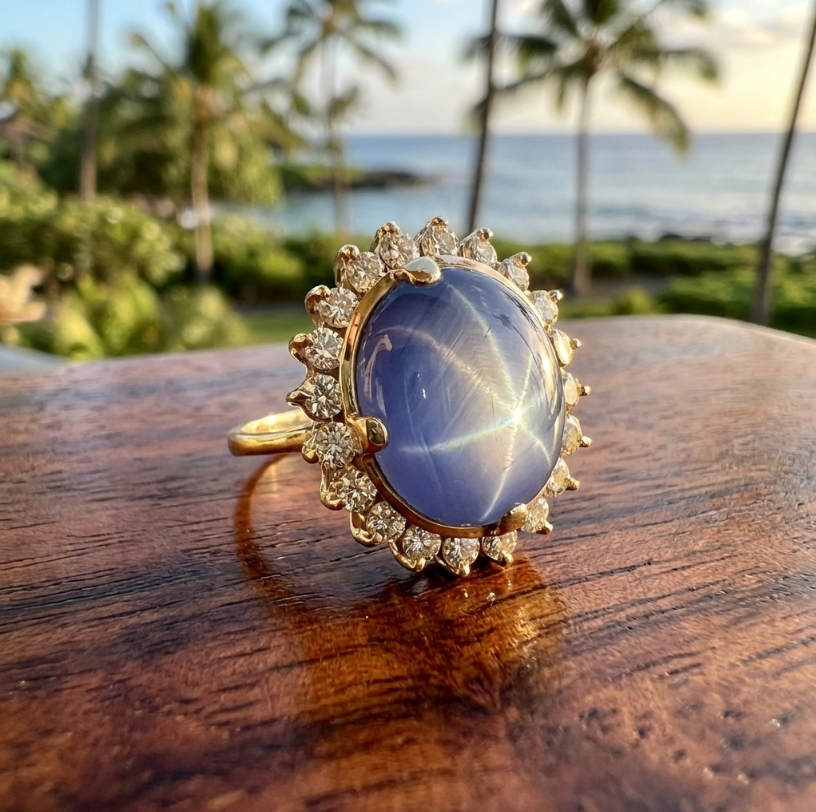 Exceptional 26-Carats Star Sapphire & 2-Carats Diamonds Ring