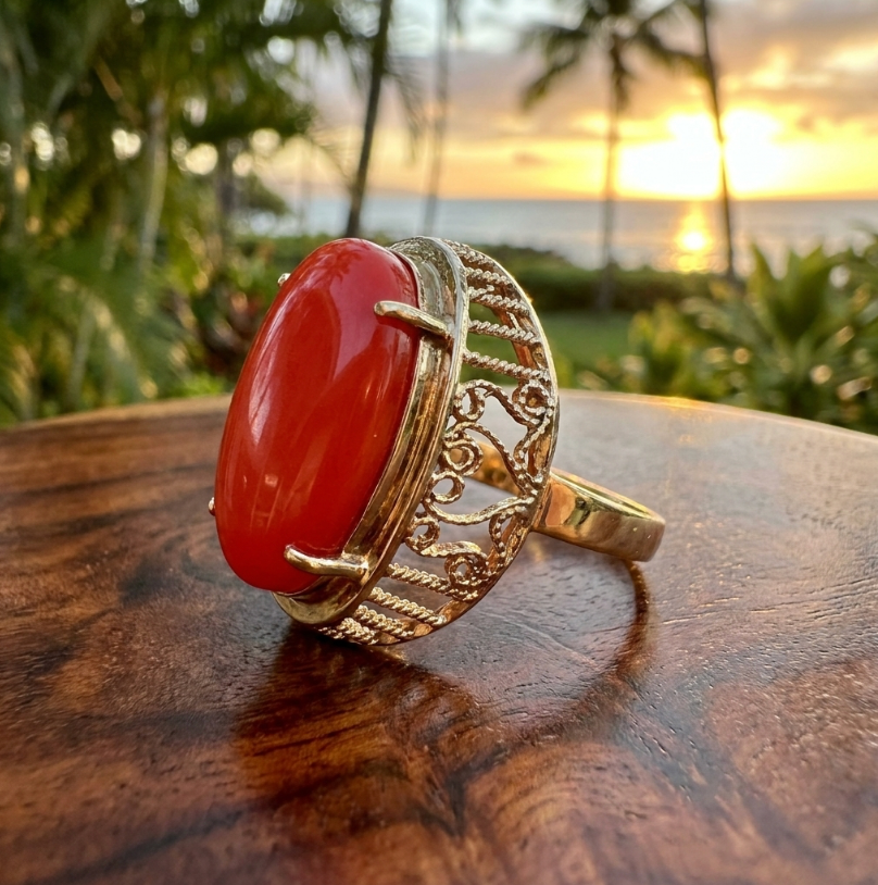 Vintage Moro Red Cabochon Ring in Custom 14k Setting