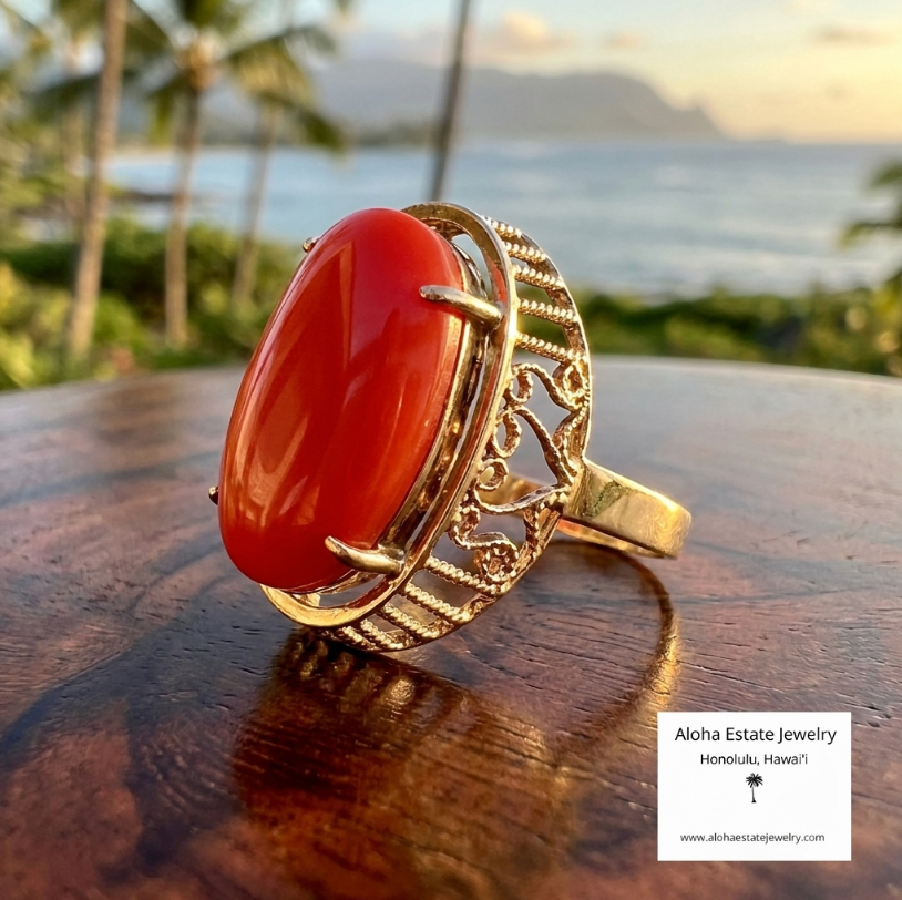 Vintage Moro Red Cabochon Ring in Custom 14k Setting