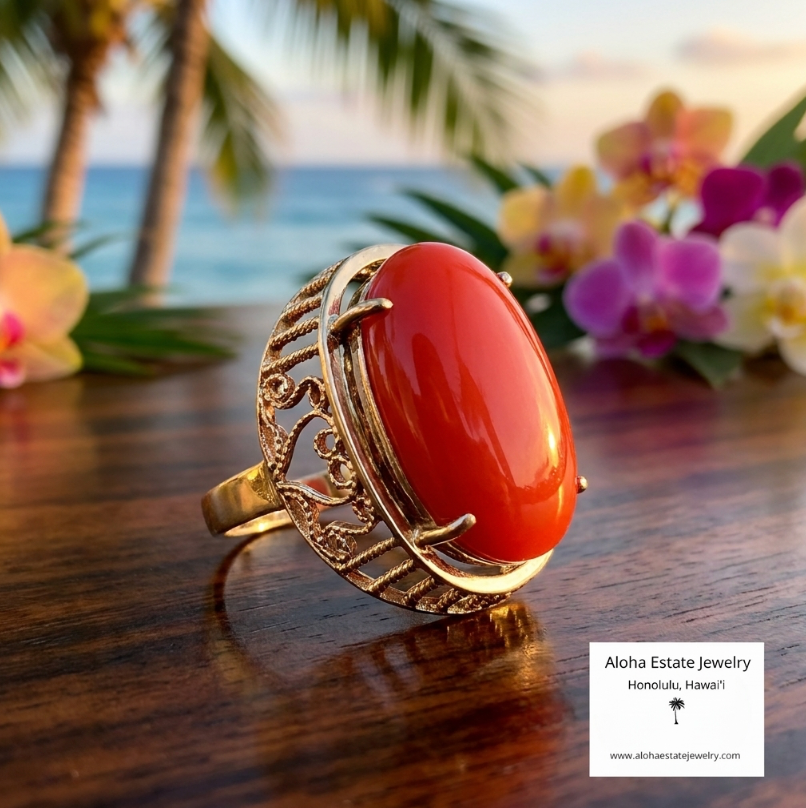 Vintage Moro Red Cabochon Ring in Custom 14k Setting