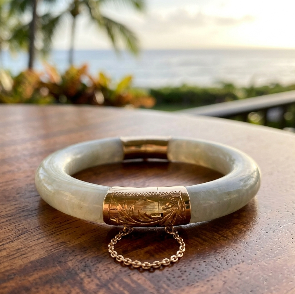 Vintage 14k Gold Hinged Jadeite Bangle