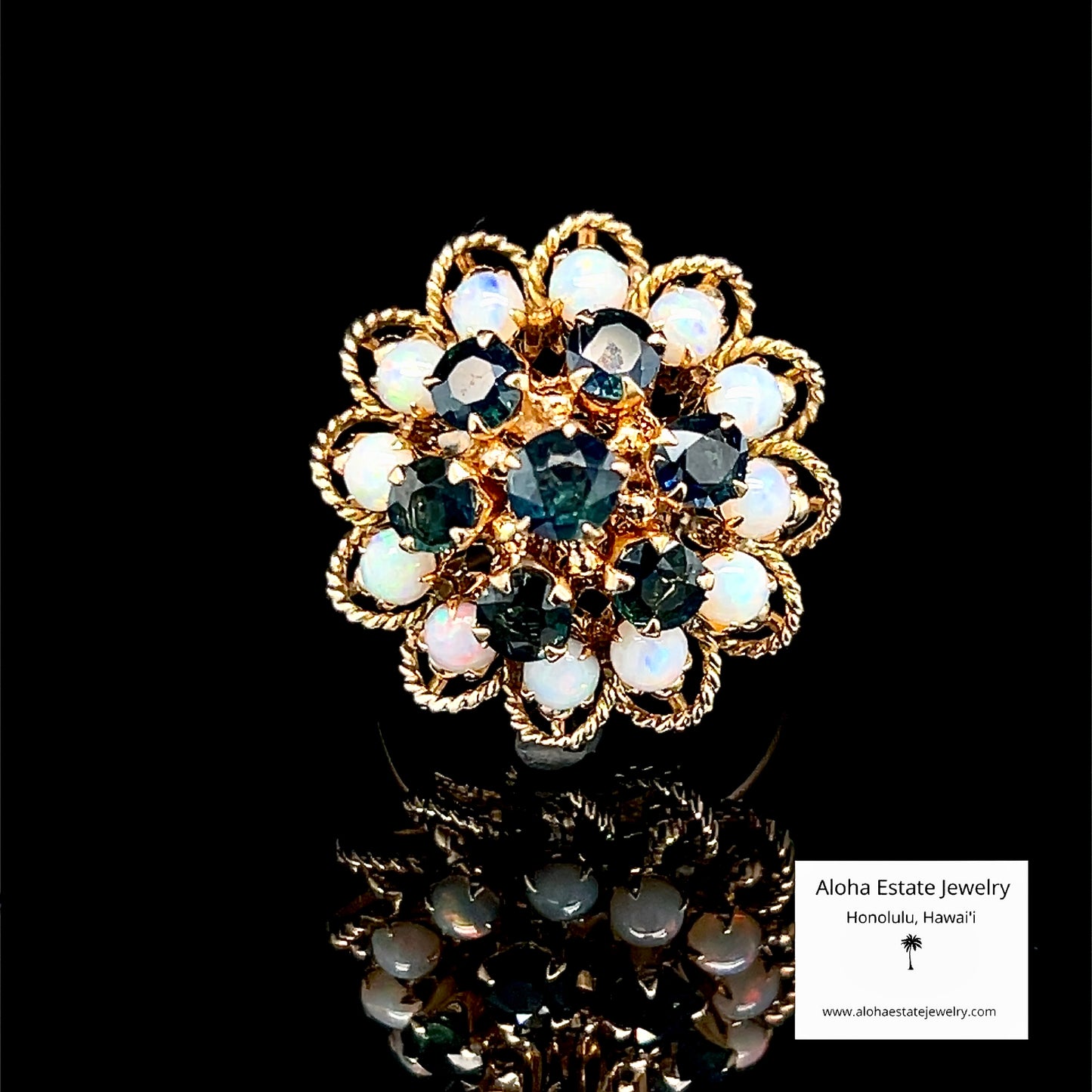 Vintage Sapphire & Australian Opal Bombé Cluster Ring 14K Gold