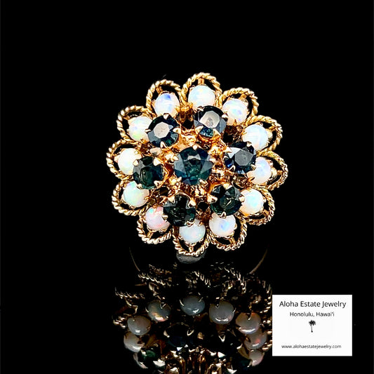 Vintage Sapphire & Australian Opal Bombé Cluster Ring 14K Gold