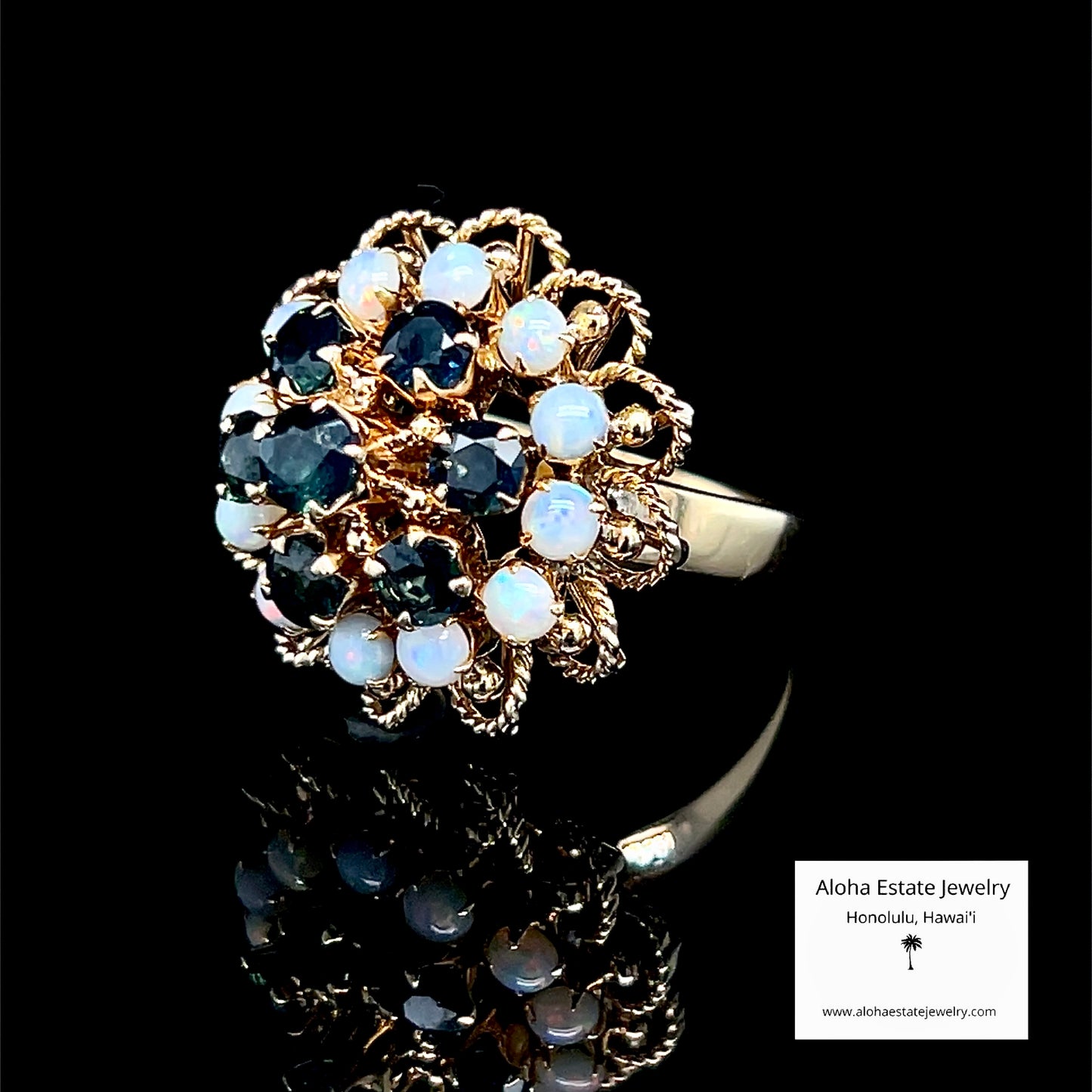 Vintage Sapphire & Australian Opal Bombé Cluster Ring 14K Gold