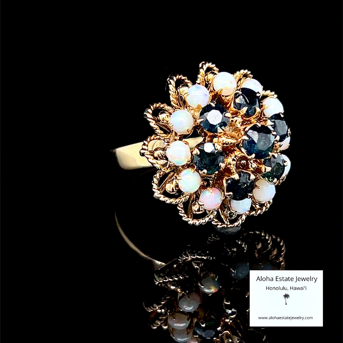 Vintage Sapphire & Australian Opal Bombé Cluster Ring 14K Gold