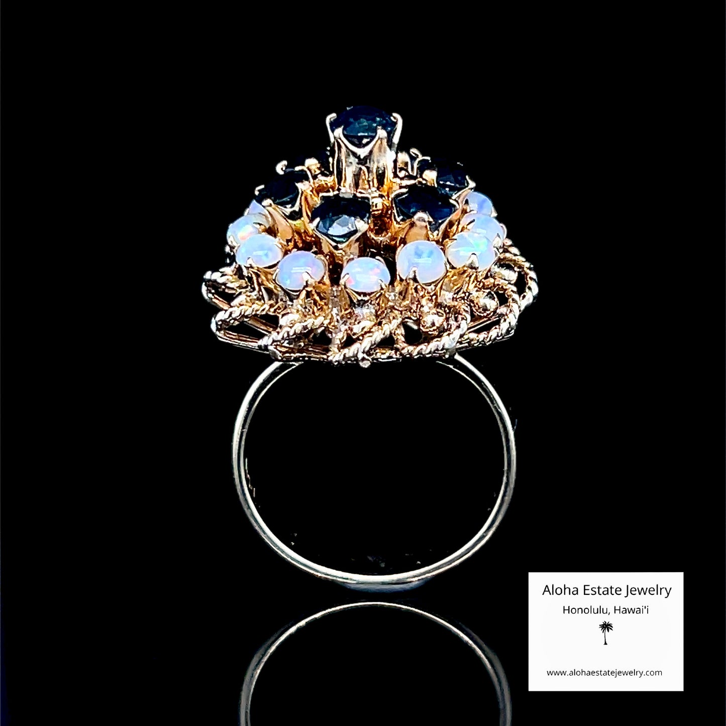 Vintage Sapphire & Australian Opal Bombé Cluster Ring 14K Gold