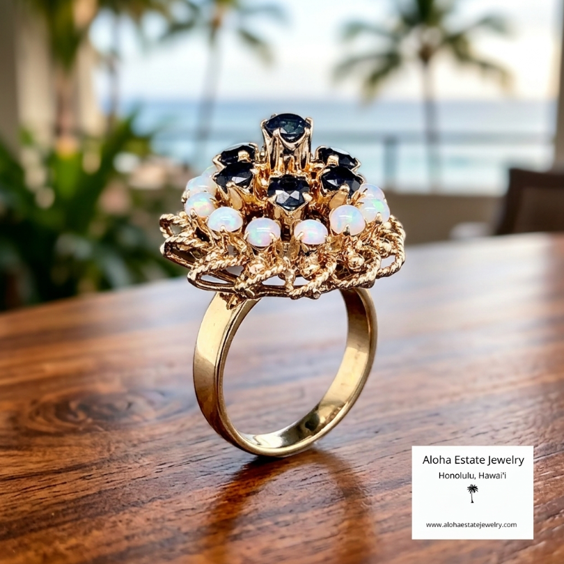 Vintage Sapphire & Australian Opal Bombé Cluster Ring 14K Gold