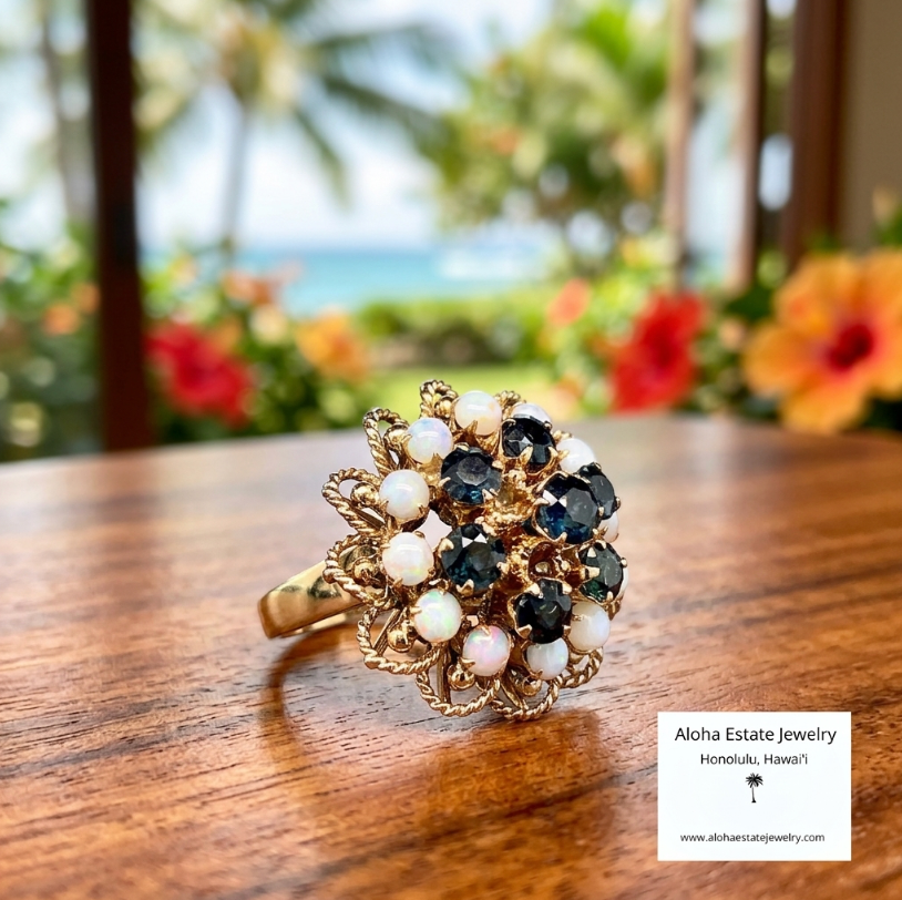 Vintage Sapphire & Australian Opal Bombé Cluster Ring 14K Gold