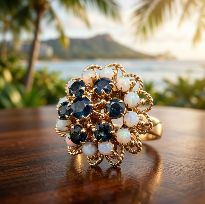Vintage Sapphire & Australian Opal Bombé Cluster Ring 14K Gold