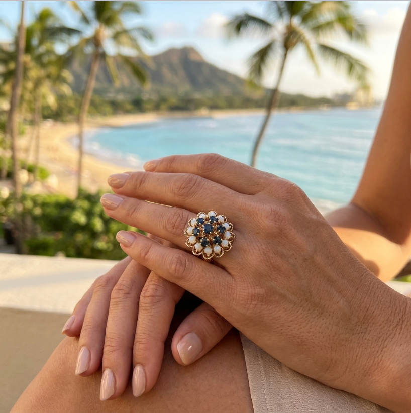 Vintage Sapphire & Australian Opal Bombé Cluster Ring 14K Gold