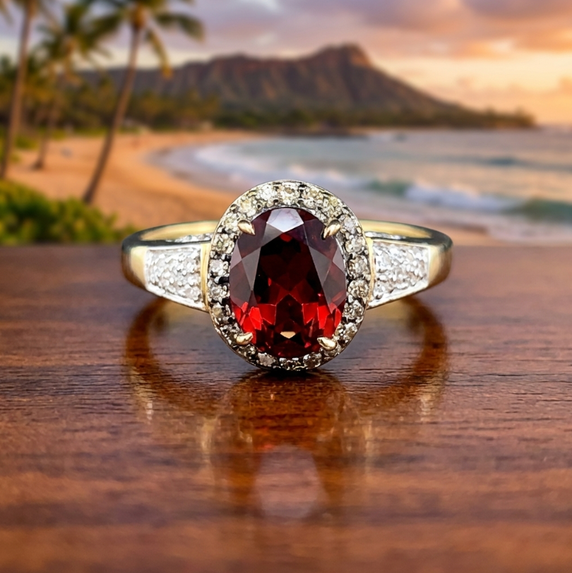Vintage 14K Pyrope Garnet and Diamond Halo Ring