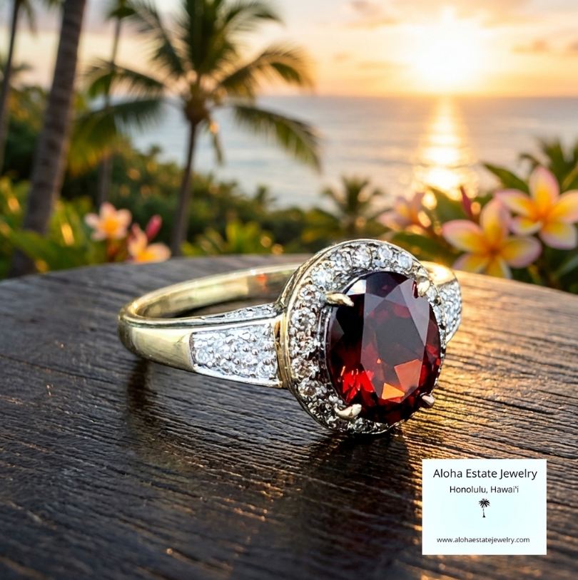 Vintage 14K Pyrope Garnet and Diamond Halo Ring