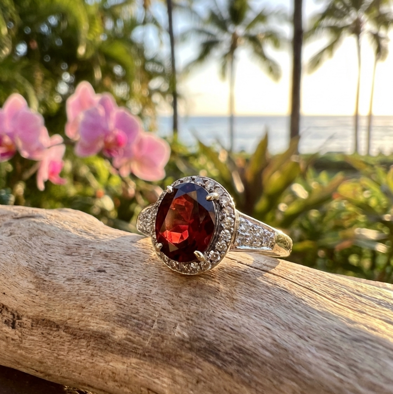 Vintage 14K Pyrope Garnet and Diamond Halo Ring