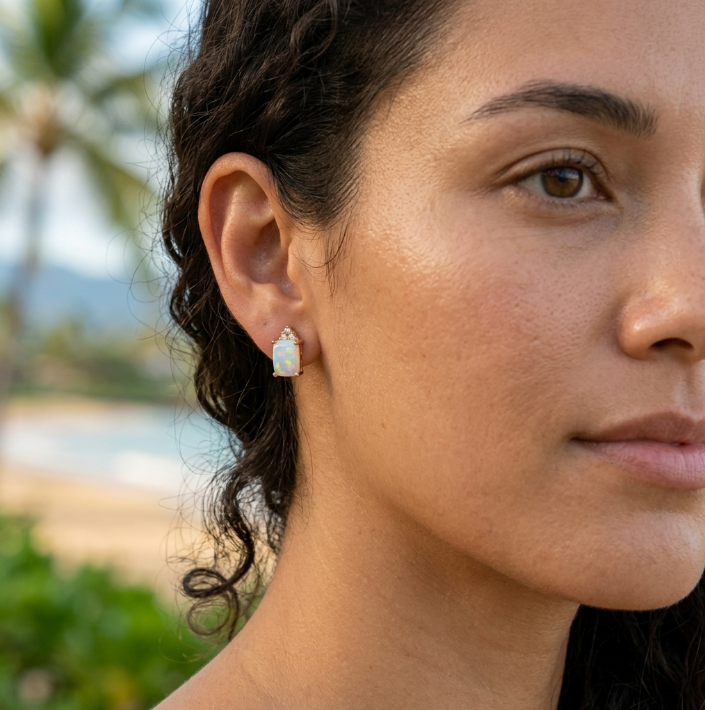 Estate Diamond Accented 10k Australian Opal Earrings