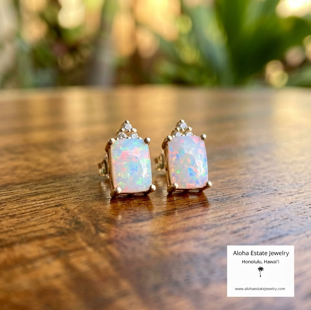 Estate Diamond Accented 10k Australian Opal Earrings