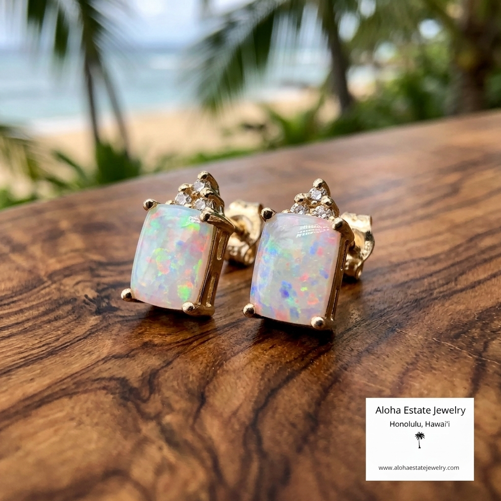 Estate Diamond Accented 10k Australian Opal Earrings