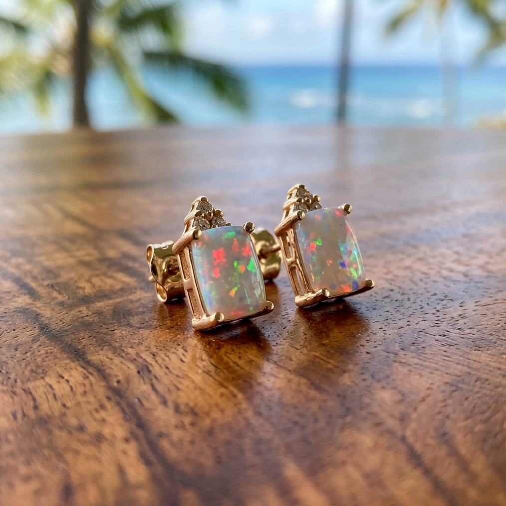 Estate Diamond Accented 10k Australian Opal Earrings
