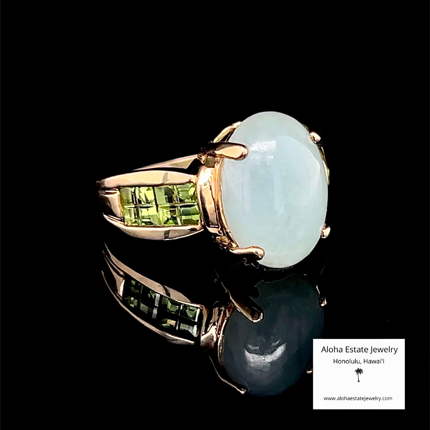 Vintage 10K Gold Jadeite Cabochon Ring with Peridot Accents, Sz 7.25