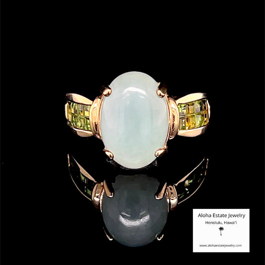 Vintage 10K Gold Jadeite Cabochon Ring with Peridot Accents, Sz 7.25