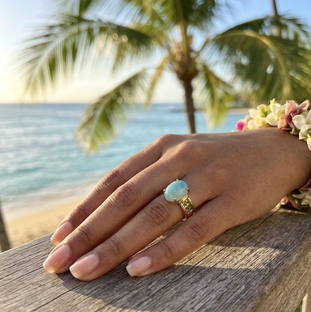 Vintage 10K Gold Jadeite Cabochon Ring with Peridot Accents, Sz 7.25