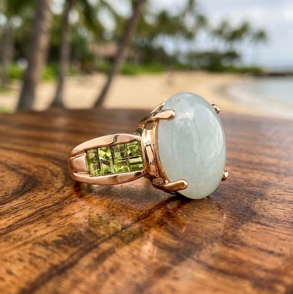 Vintage 10K Gold Jadeite Cabochon Ring with Peridot Accents, Sz 7.25