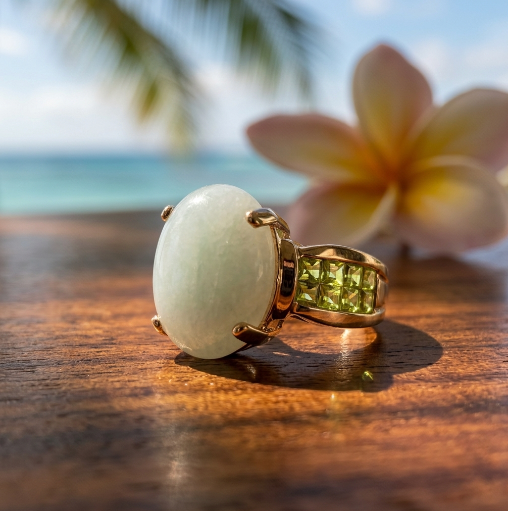 Vintage 10K Gold Jadeite Cabochon Ring with Peridot Accents, Sz 7.25