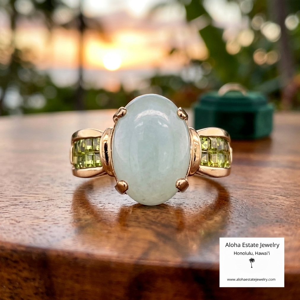 Vintage 10K Gold Jadeite Cabochon Ring with Peridot Accents, Sz 7.25